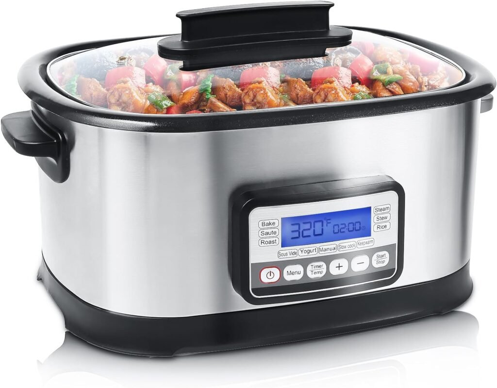 spoonlemon Slow Cooker Programmable, 11-in-1 6.5 Quart Multi Cooker Electric with Sous Vide, 1500W Nonstick Inner Pot with Timer, Temp Control  Dishwasher Safe Glass Lid, Stainless Steel