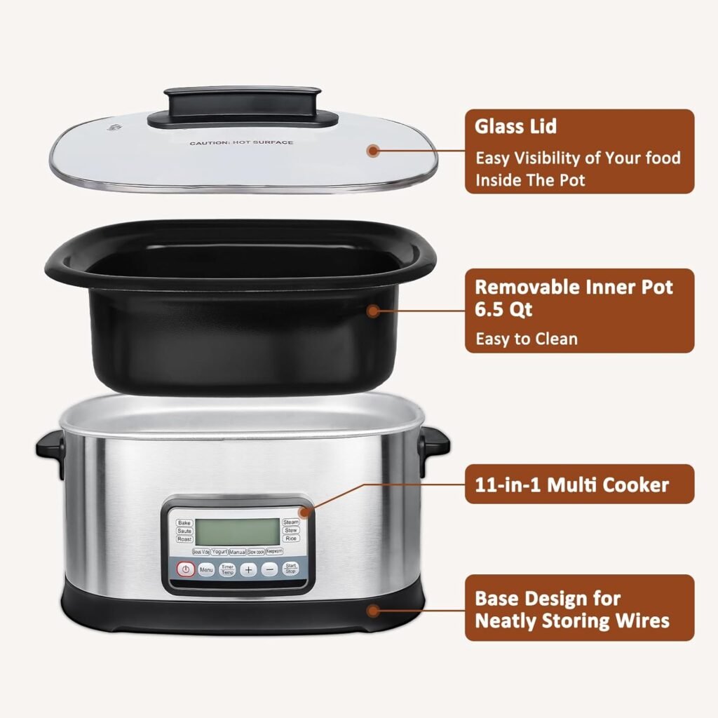 spoonlemon Slow Cooker Programmable, 11-in-1 6.5 Quart Multi Cooker Electric with Sous Vide, 1500W Nonstick Inner Pot with Timer, Temp Control  Dishwasher Safe Glass Lid, Stainless Steel