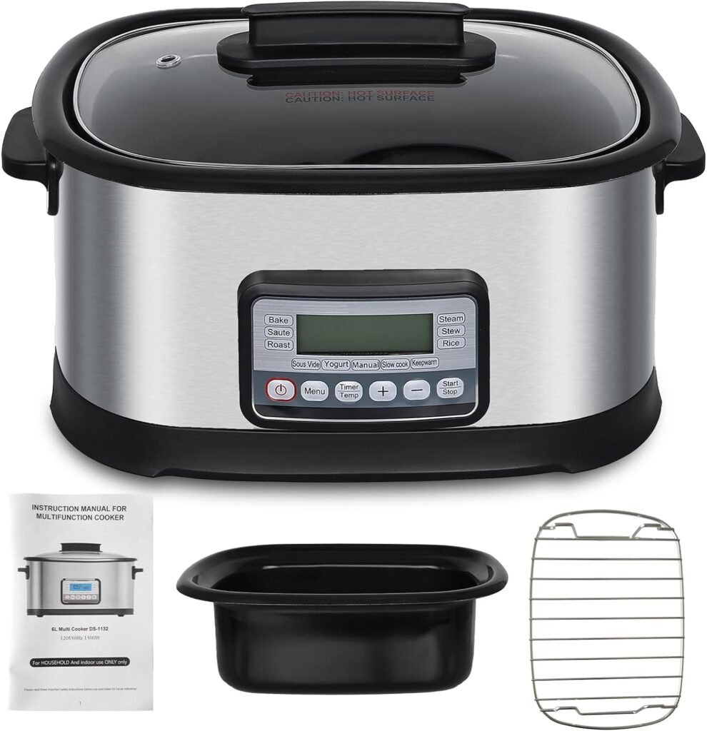 spoonlemon Slow Cooker Programmable, 11-in-1 6.5 Quart Multi Cooker Electric with Sous Vide, 1500W Nonstick Inner Pot with Timer, Temp Control  Dishwasher Safe Glass Lid, Stainless Steel