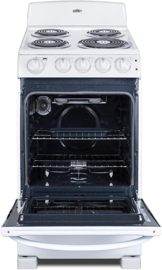 Summit Appliance RE203W 20 Electric Range, 4 Coil Elements, White, 2.3 Cuft Oven Capacity, on Indicator Lights for Oven and Elements- Cord Not Included