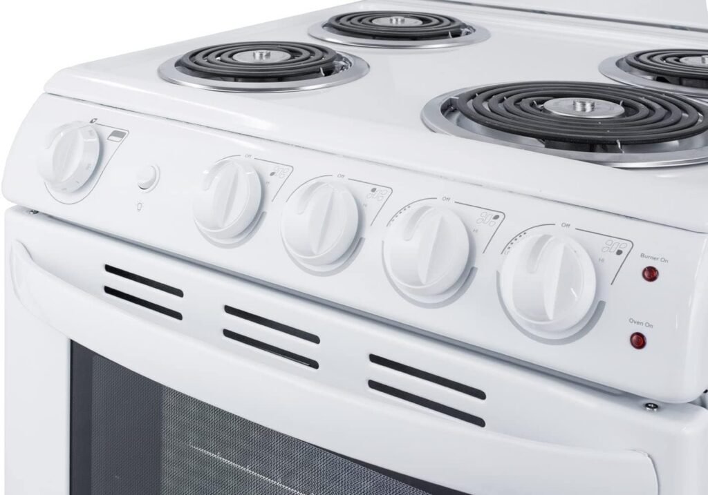 Summit Appliance RE2411W 24 Wide Electric Range in White Finish with Coil Burners, Lower Storage Compartment, Four cooking Zones, Indicator Lights, Oven Light, Backsplash and Oven Window