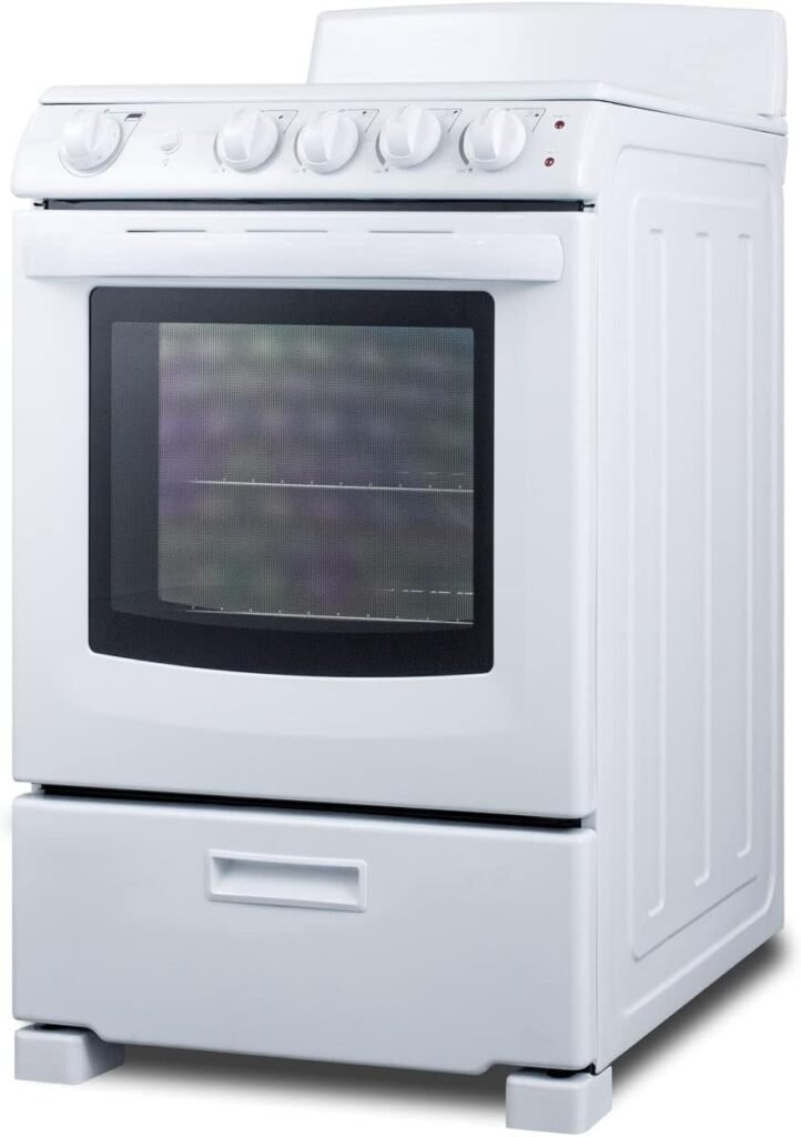 Summit Appliance RE2411W 24 Wide Electric Range in White Finish with Coil Burners, Lower Storage Compartment, Four cooking Zones, Indicator Lights, Oven Light, Backsplash and Oven Window