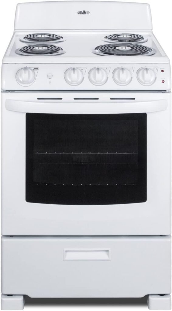 Summit Appliance RE2411W 24 Wide Electric Range in White Finish with Coil Burners, Lower Storage Compartment, Four cooking Zones, Indicator Lights, Oven Light, Backsplash and Oven Window