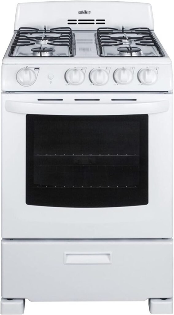 Summit RG244WS 24 Freestanding Gas Range with 2.9 cu. ft. Oven Capacity Electronic Ignition High Backguard Broiler Drawer Continuous Grates and Safety Brake System for Oven Racks in White