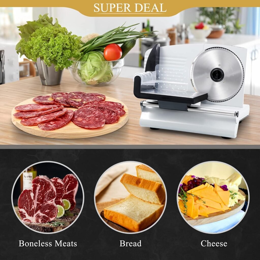 SUPER DEAL Premium Electric Deli Food Meat Slicer, 7.5-inch Stainless Steel Blade Home Kitchen Meat Food Vegetable Bread Cheese Cutter - Thickness Adjustable - Spacious Sliding Carriage, Silver