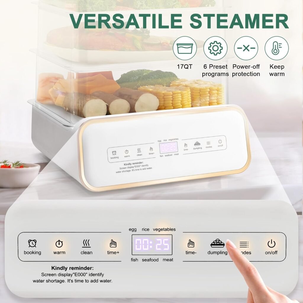 SUSTEAS Food Steamer for Cooking - 17QT Vegetable Steamer with 24H Booking  60Min Timer, Electric Steamer with Digital Display and 3 Tier Stackable Trays, Auto Shut-Off  Boil Dry Protection