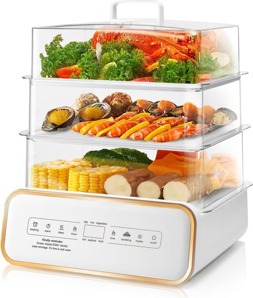 SUSTEAS Food Steamer for Cooking - 17QT Vegetable Steamer with 24H Booking  60Min Timer, Electric Steamer with Digital Display and 3 Tier Stackable Trays, Auto Shut-Off  Boil Dry Protection