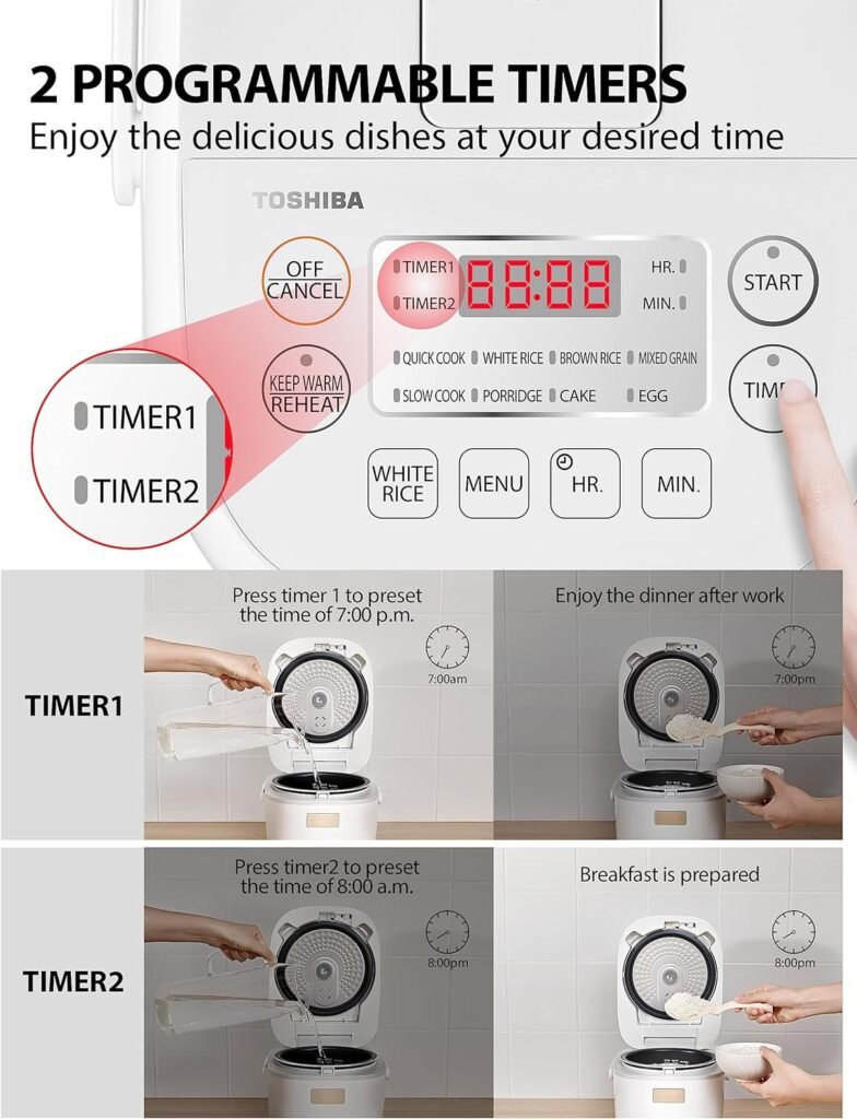 TOSHIBA Rice Cooker Small 3 Cup Uncooked – LCD Display with 8 Cooking Functions, Fuzzy Logic Technology, 24-Hr Delay Timer and Auto Keep Warm, Non-Stick Inner Pot, White