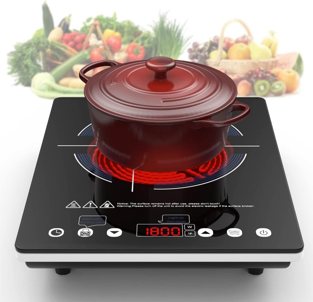 VBGK Electric Cooktop,110V Electric Stove Top,Single Burner Electric Cooktop LED Touch Control,9 Power Levels, Kids Lock Timer,Overheat Protection,1800W Portable Induction Cooktop.