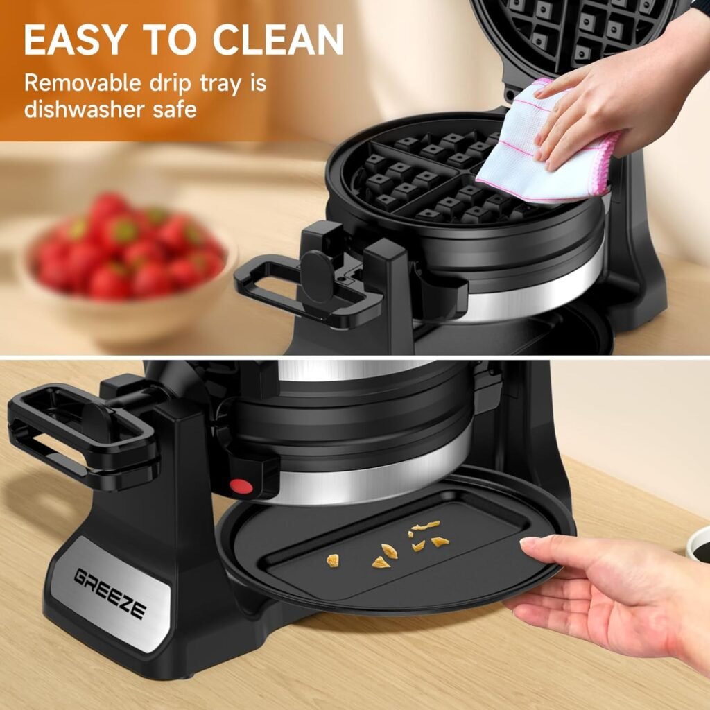 Waffle Maker, Double Belgian Waffle Maker 180°Flip, 1400W Waffle Iron 8 Slices, Rotating  Nonstick Plates with Removable Drip Tray for Easy Clean, Stainless Steel, Locking Buckle  Cool Touch Handle