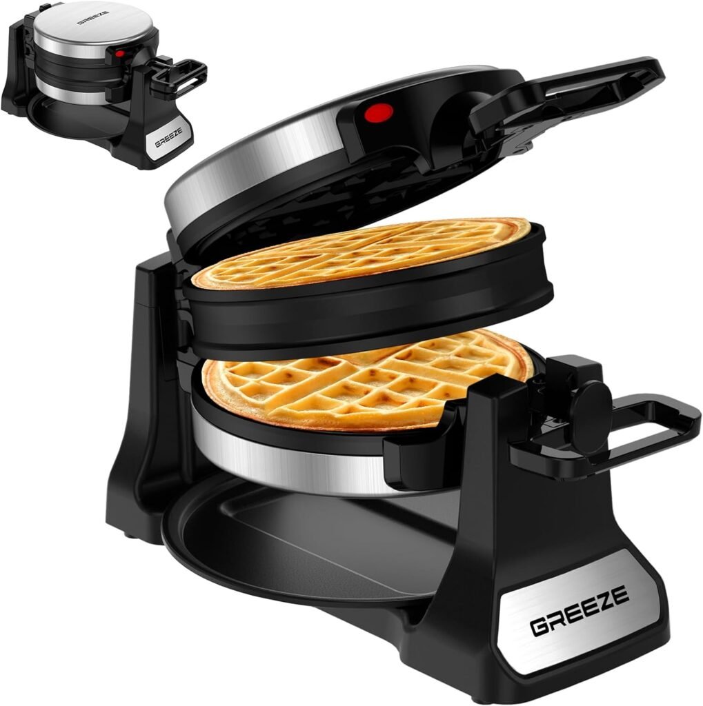 Waffle Maker, Double Belgian Waffle Maker 180°Flip, 1400W Waffle Iron 8 Slices, Rotating  Nonstick Plates with Removable Drip Tray for Easy Clean, Stainless Steel, Locking Buckle  Cool Touch Handle