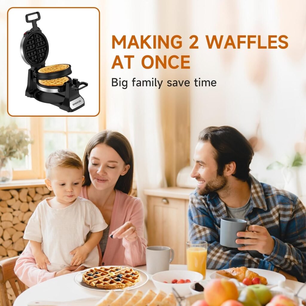 Waffle Maker, Double Belgian Waffle Maker 180°Flip, 1400W Waffle Iron 8 Slices, Rotating  Nonstick Plates with Removable Drip Tray for Easy Clean, Stainless Steel, Locking Buckle  Cool Touch Handle