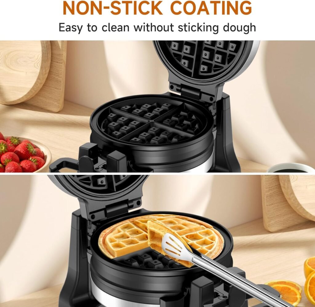 Waffle Maker, Double Belgian Waffle Maker 180°Flip, 1400W Waffle Iron 8 Slices, Rotating  Nonstick Plates with Removable Drip Tray for Easy Clean, Stainless Steel, Locking Buckle  Cool Touch Handle