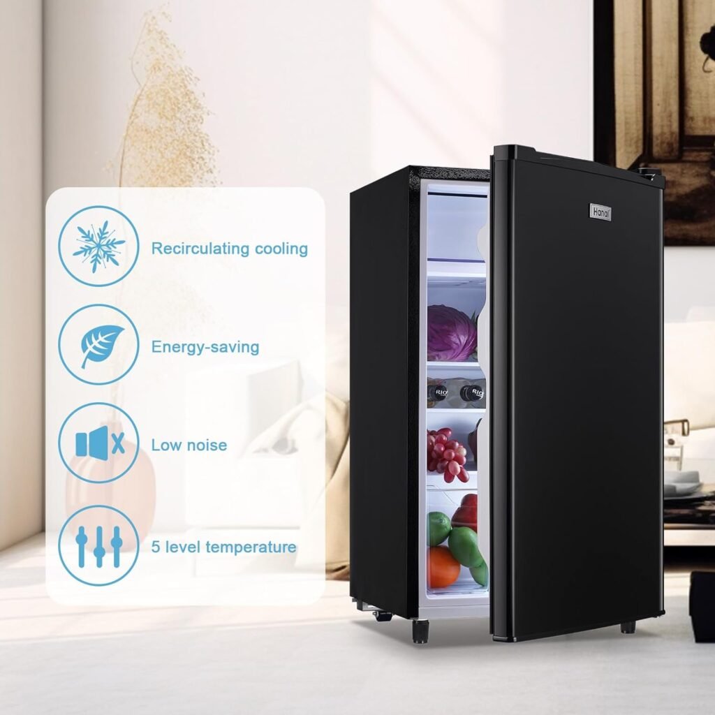 WANAI Compact Refrigerator 3.2 Cu.Ft Mini Black Fridge With Freezer Single Door Mini Refrigerator with 5 TEMP Modes for Dorm Office Bedroom