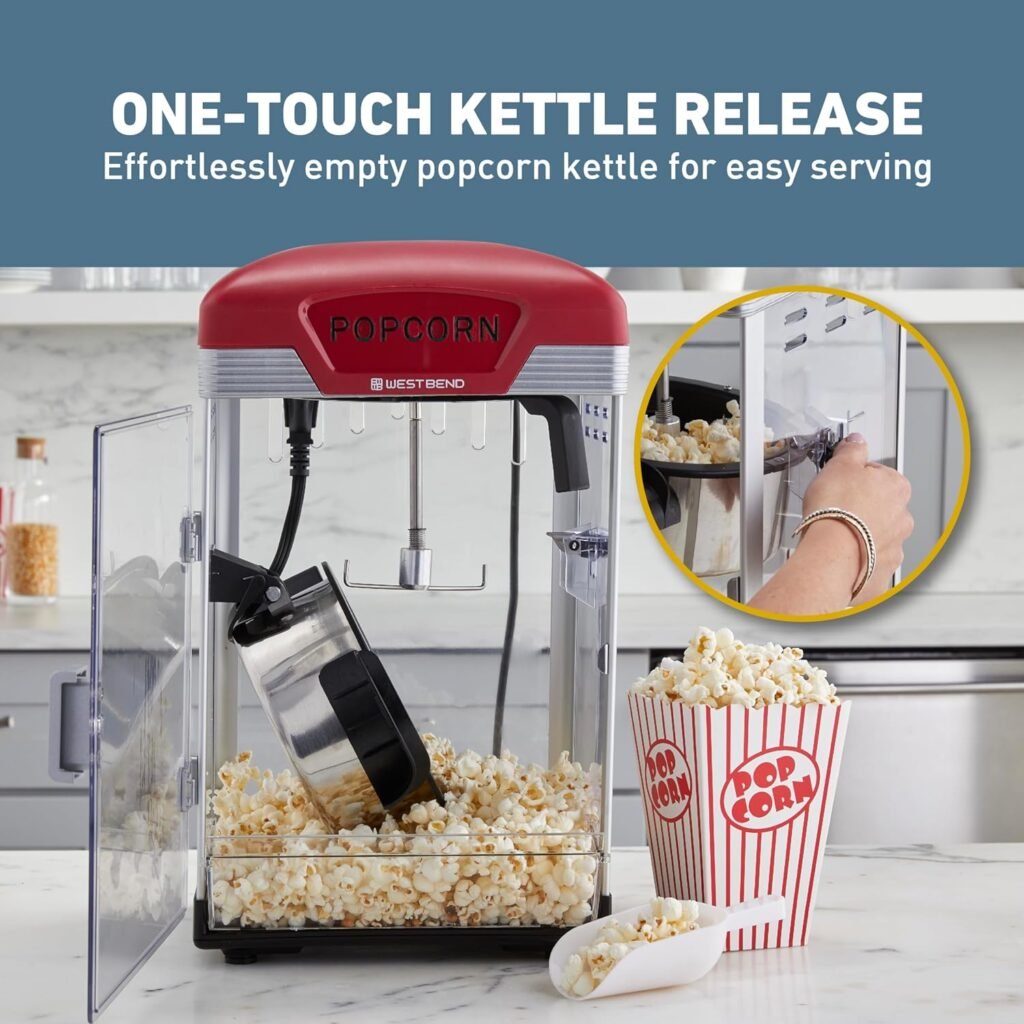 West Bend Stir Crazy Movie Theater Popcorn Popper with Nonstick Popcorn Kettle, Measuring Tool and Popcorn Scoop for Gourmet Popcorn Machine , 4 Qt., Red