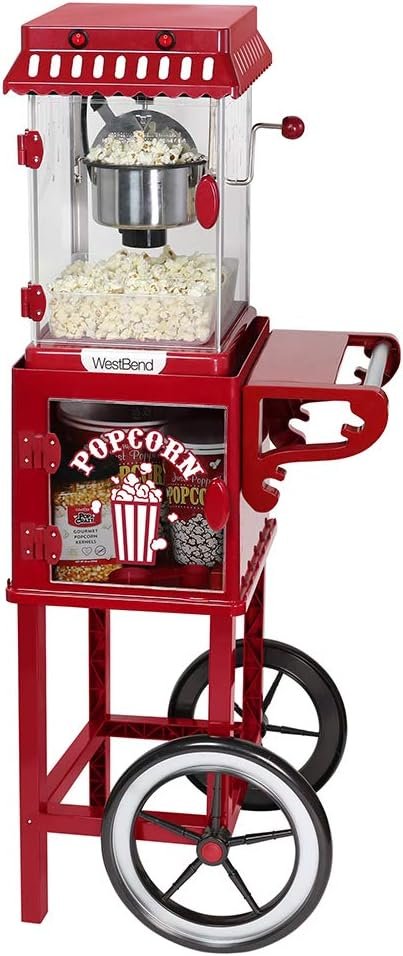 West Bend Stir Crazy Movie Theater Popcorn Popper with Nonstick Popcorn Kettle, Measuring Tool and Popcorn Scoop for Gourmet Popcorn Machine , 4 Qt., Red