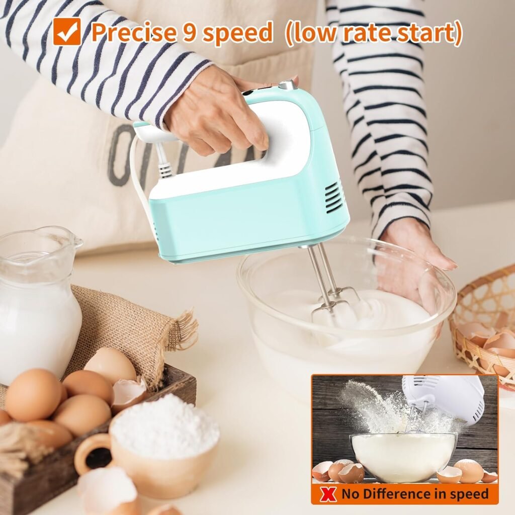 Yomelo 9-Speed Digital Hand Mixer Electric, 400W Powerful DC Motor, Baking Mixer Handheld with Snap-On Storage Case, Touch Button, Turbo Boost, Dough Hooks, Whisk (Ice Blue)