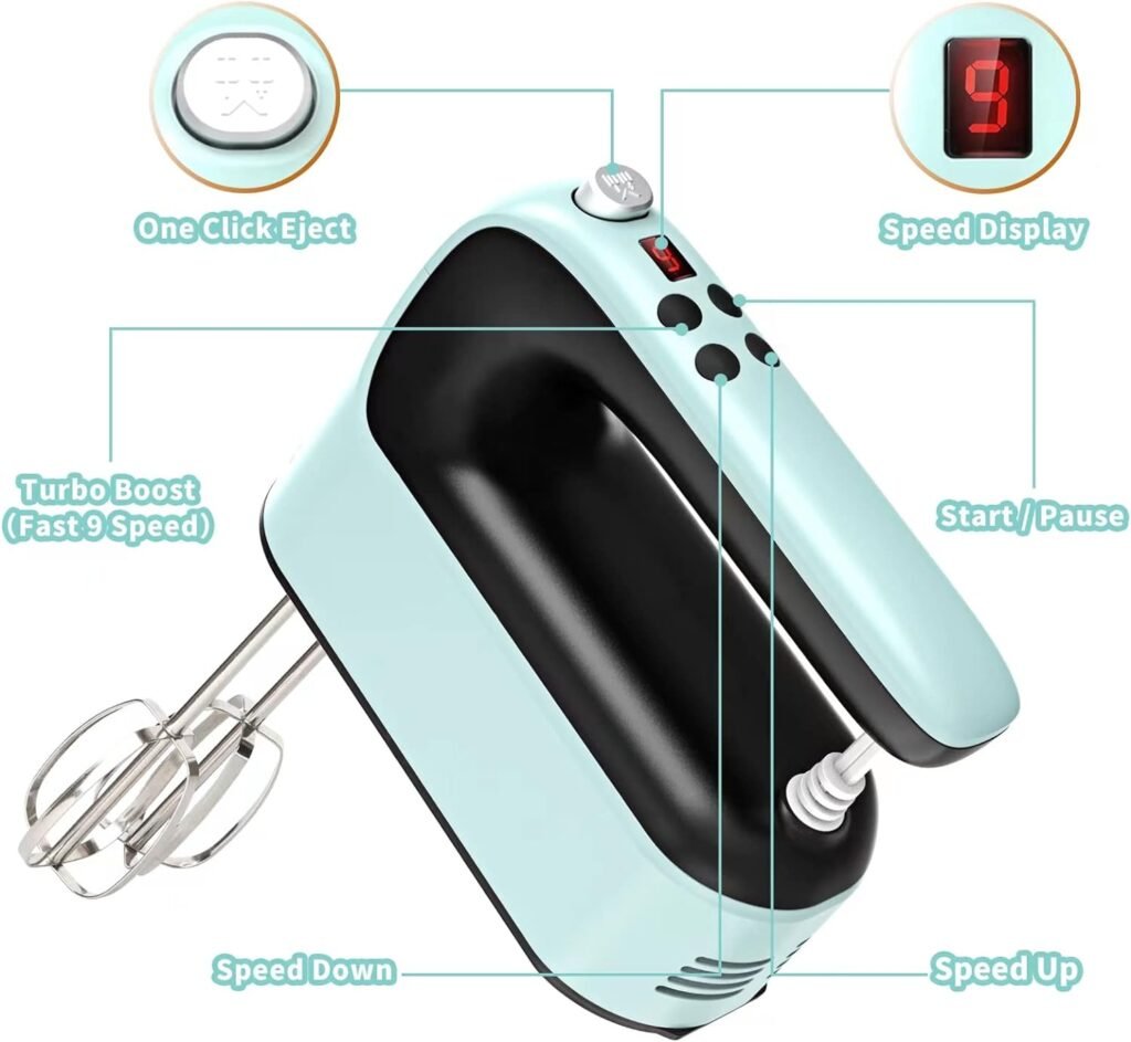 Yomelo 9-Speed Digital Hand Mixer Electric, 400W Powerful DC Motor, Baking Mixer Handheld with Snap-On Storage Case, Touch Button, Turbo Boost, Dough Hooks, Whisk (Ice Blue)