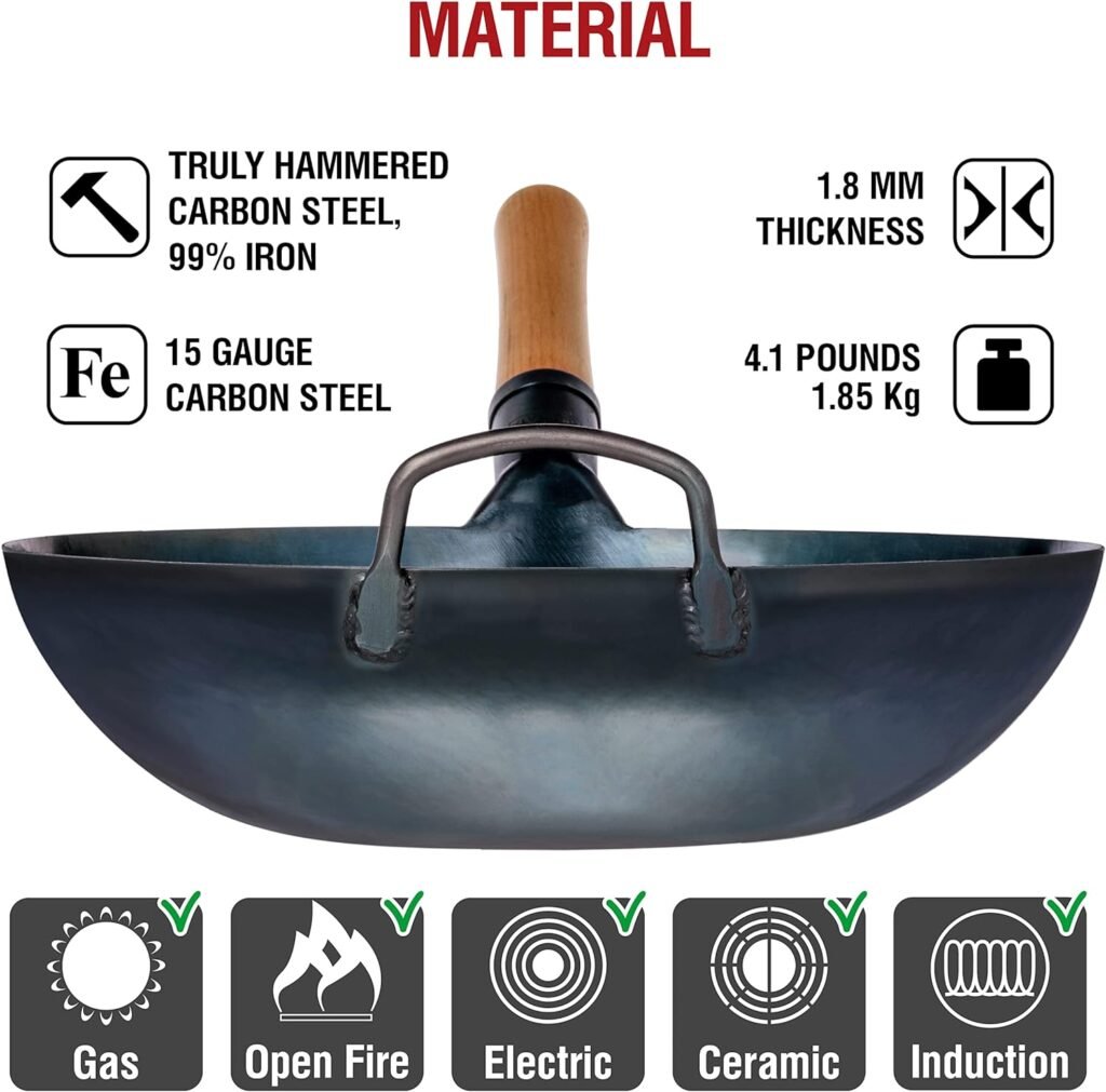 YOSUKATA Flat Bottom Wok Pan - 13.5 Blue Carbon Steel Wok - Preseasoned Carbon Steel Skillet - Traditional Japanese Cookware for Electric Induction Cooktops Woks and Stir Fry Pans