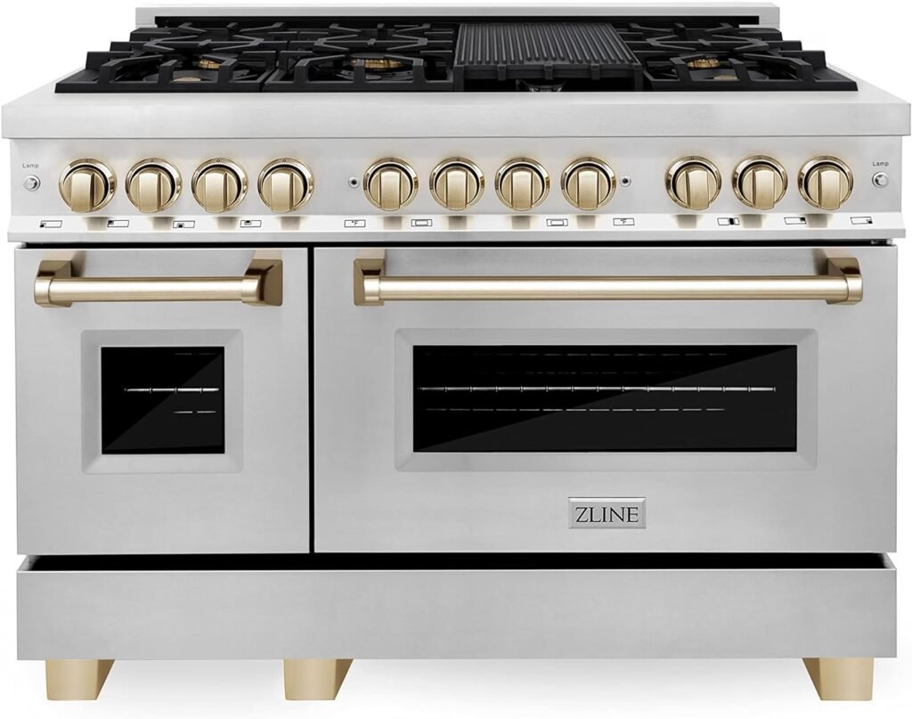 ZLINE Autograph Edition 48 6.0 cu. ft. Dual Fuel Range with Gas Stove and Electric Oven in Stainless Steel with Gold Accents (RAZ-48-G)