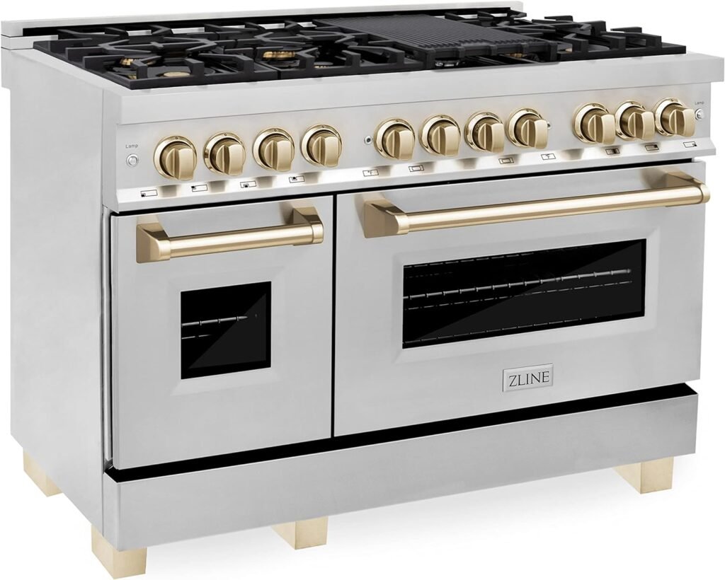 ZLINE Autograph Edition 48 6.0 cu. ft. Dual Fuel Range with Gas Stove and Electric Oven in Stainless Steel with Gold Accents (RAZ-48-G)