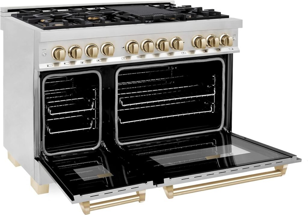 ZLINE Autograph Edition 48 6.0 cu. ft. Dual Fuel Range with Gas Stove and Electric Oven in Stainless Steel with Gold Accents (RAZ-48-G)