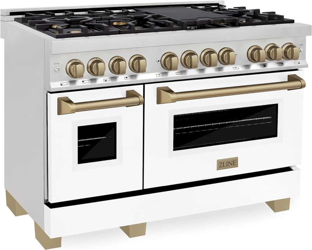 ZLINE Autograph Edition 48 6.0 cu. ft. Dual Fuel Range with Gas Stove and Electric Oven in Stainless Steel with White Matte Door and Champagne Bronze Accents (RAZ-WM-48-CB)