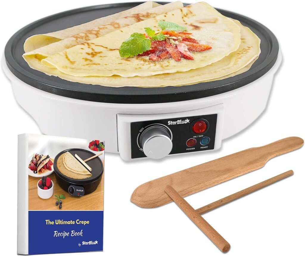 12 Electric Crepe Maker by StarBlue with FREE Recipes e-book and Wooden Spatula - Perfect for Crepes, Roti, Tortillas, Blintzes, Pancakes, Waffles, Eggs, Bacon AC 120V 50/60Hz 1000W