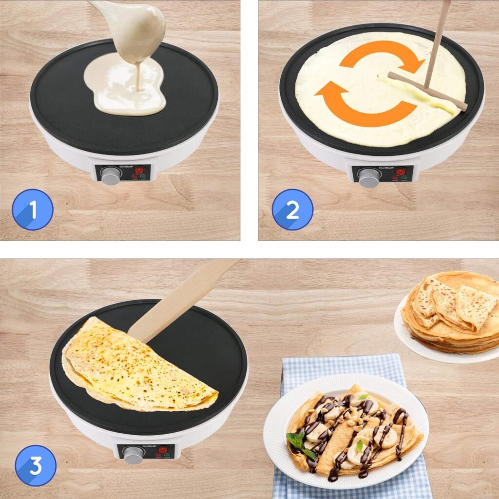 12 Electric Crepe Maker by StarBlue with FREE Recipes e-book and Wooden Spatula - Perfect for Crepes, Roti, Tortillas, Blintzes, Pancakes, Waffles, Eggs, Bacon AC 120V 50/60Hz 1000W