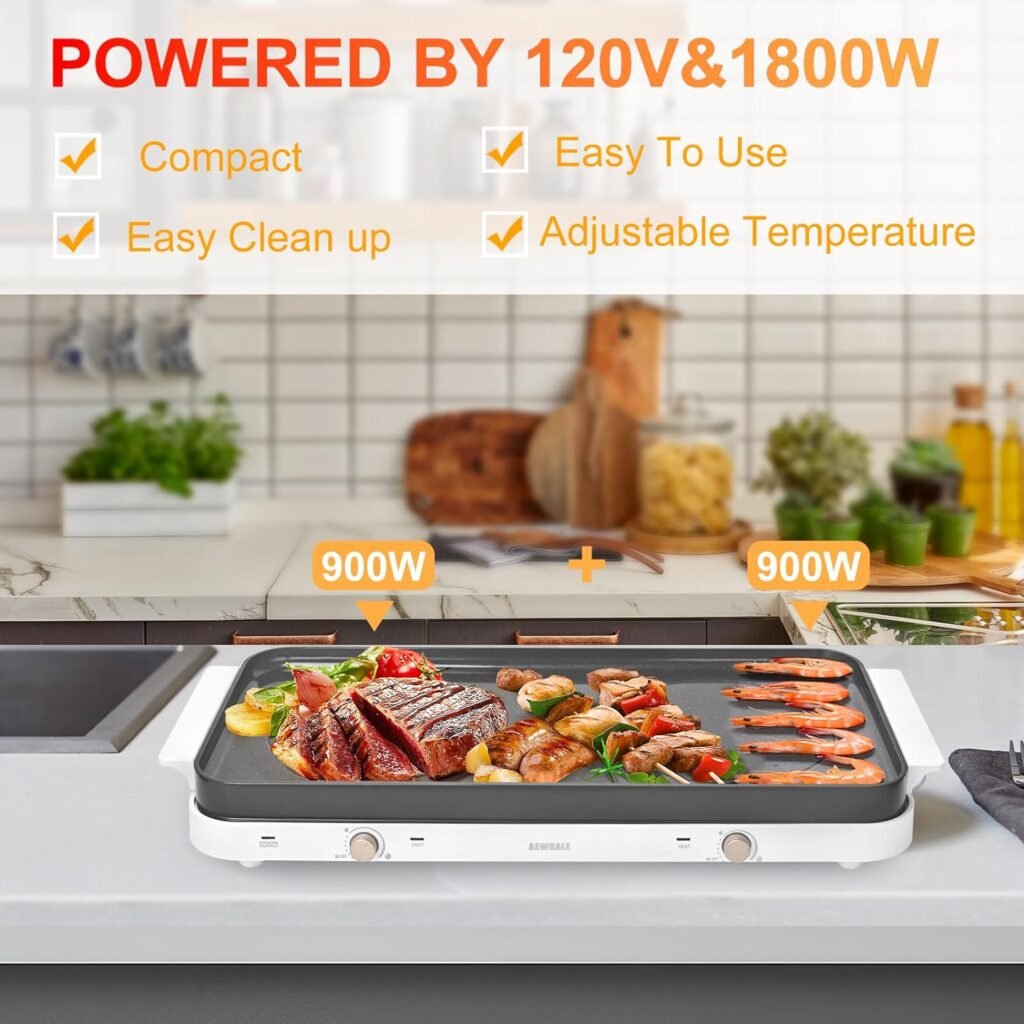 2-in-1 Electric Griddle  Countertop Burner,2 Cooking Zone with Adjustable Temperature,1800W Electric Hot Plate with Removable Griddle Pan Non-stick