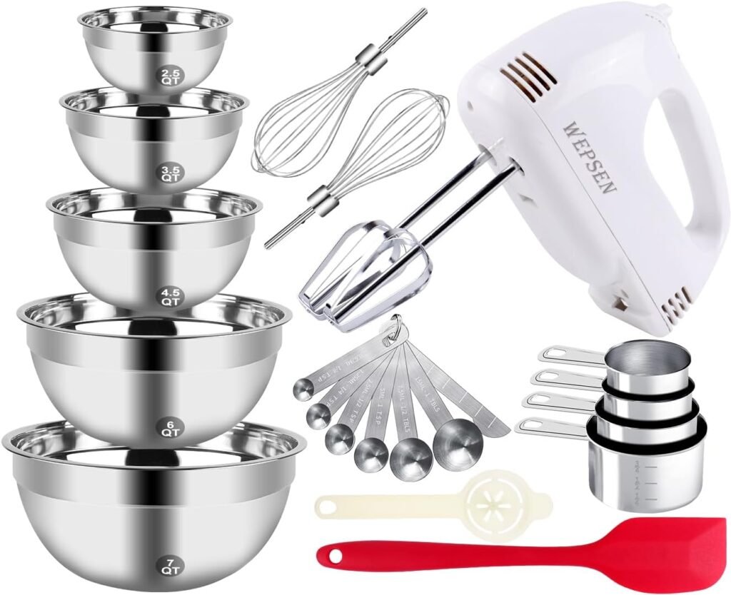 5-Speed Electric Hand Mixer, 5 Large Mixing Bowls Set, Handheld Mixers with Whisks Beater, Stainless Steel Metal Nesting Bowl Measuring Cups Spoons Kitchen Cake Blender for Prep Baking Supplies