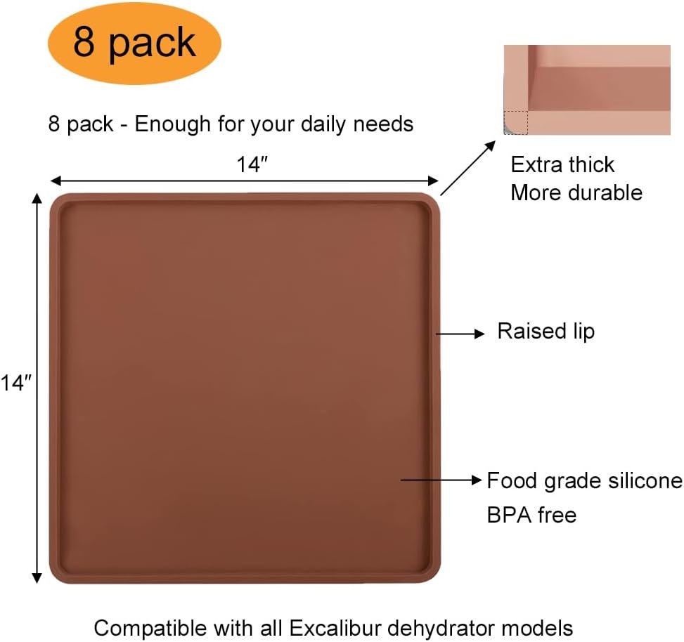 8 Pack Extra Thick 14 × 14 Silicone Dehydrator Sheets with Edge for Excalibur - Fruit Vegetables Leather Dehydrator Trays for Liquids - Dehydrator Mats Trays Liner Accessories