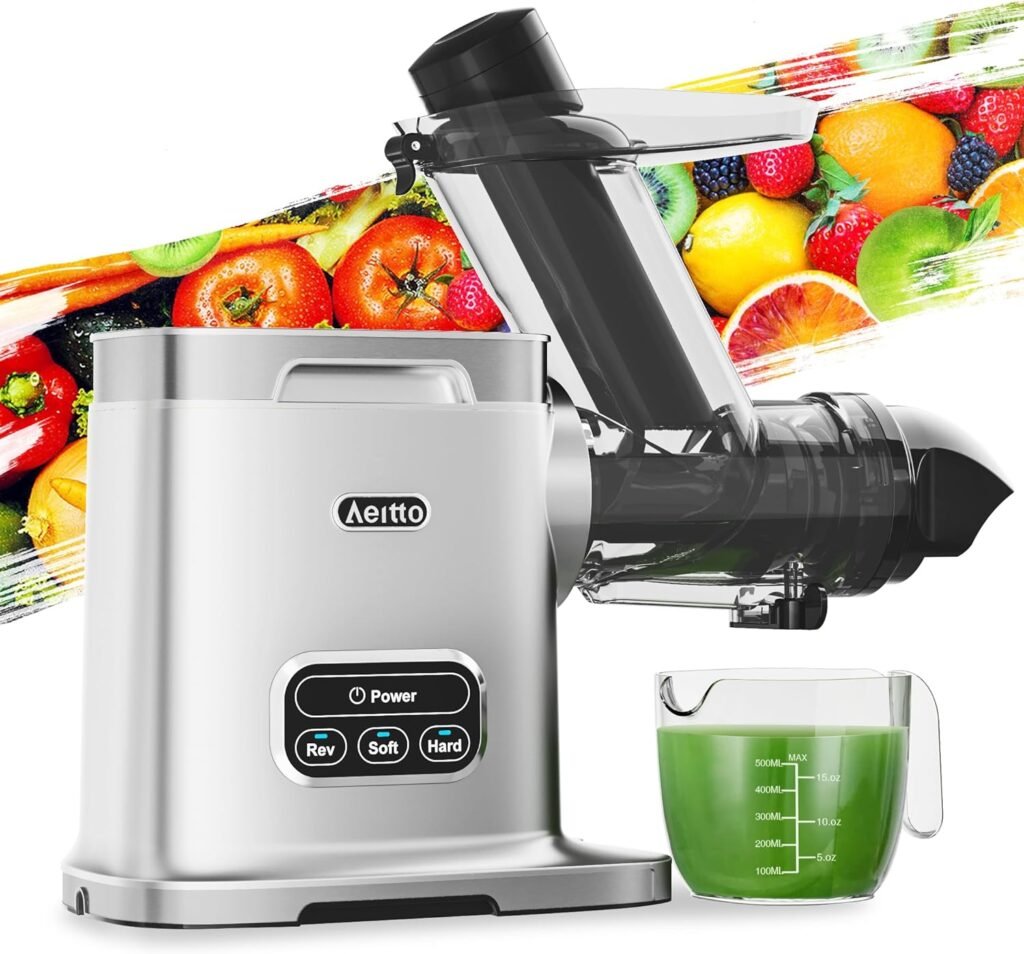 Aeitto Cold Press Juicer Machines, 3.6 Inch Wide Chute, Large Capacity, High Juice Yield, 2 Masticating Juicer Modes, Easy to Clean Slow Juicer for Vegetable and Fruit (Sliver)