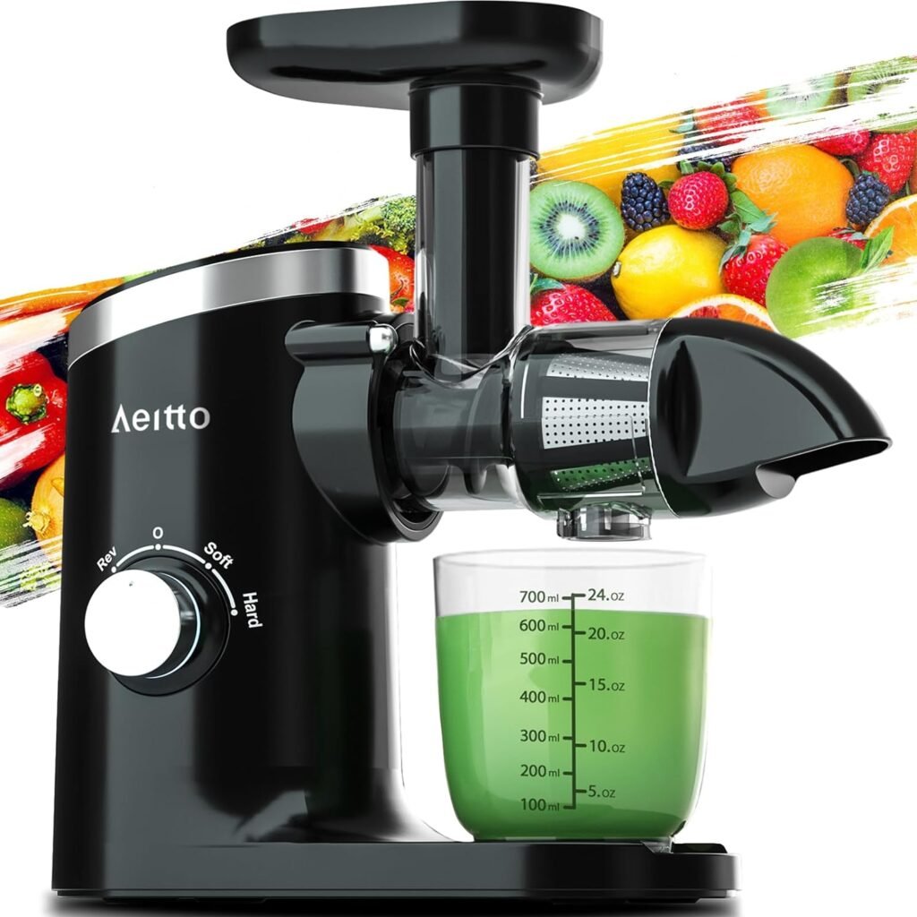 Aeitto Juicer Machines, Quiet Motor Juicer, Cold Press Juicer, Masticating Juicer, Celery Juicers, with Triple Modes,Reverse Function,Easy to Clean with Brush, Recipe for Vegetables And Fruits, Black