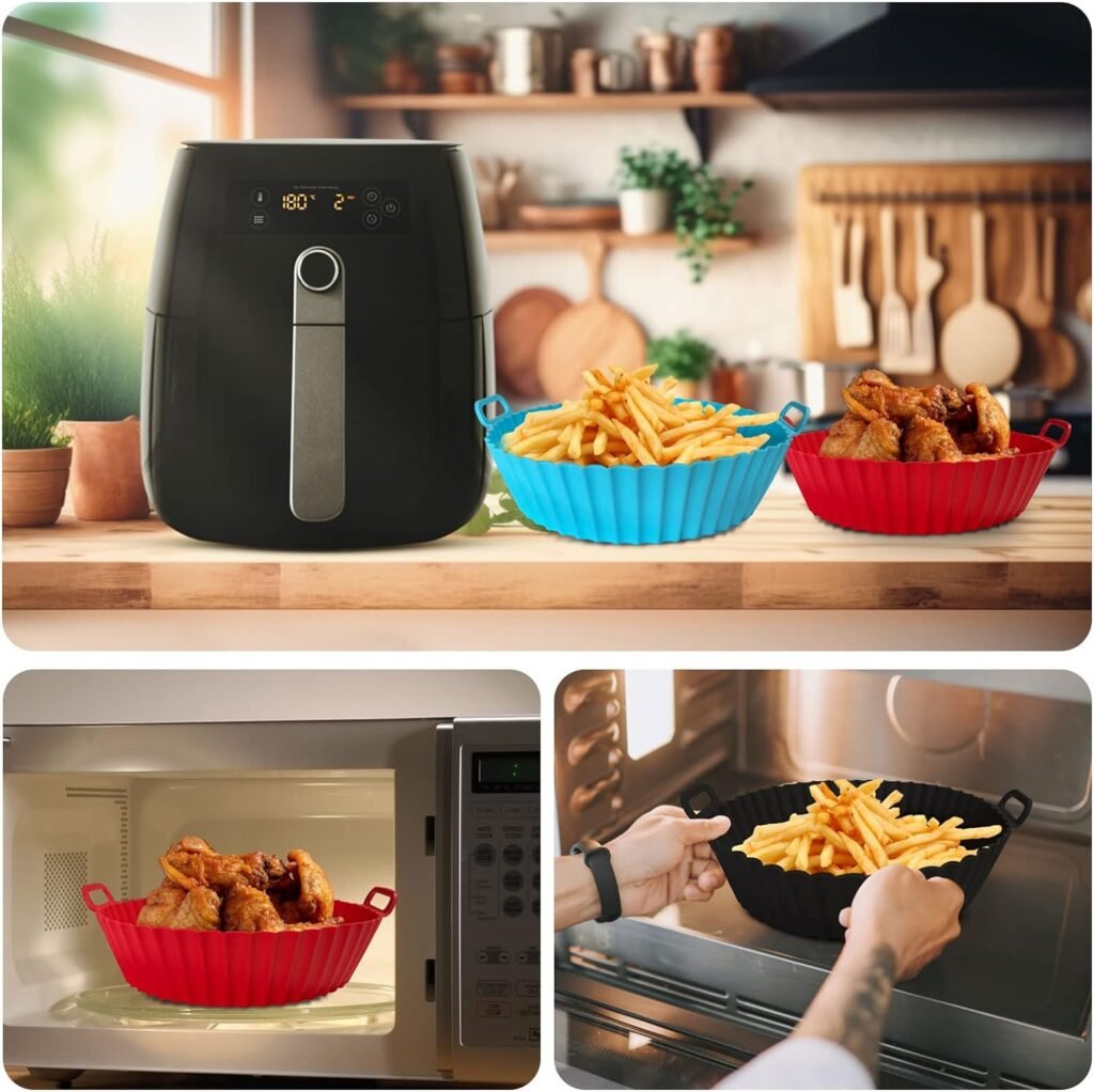 Air Fryer Silicone Pot, Air Fryer Silicone Basket Bowl, Silicone Baking Tray Pots for 3 to 5 Qt for Air fryer Oven Reusable Baking Tray Oven Accessories (Red+Black)