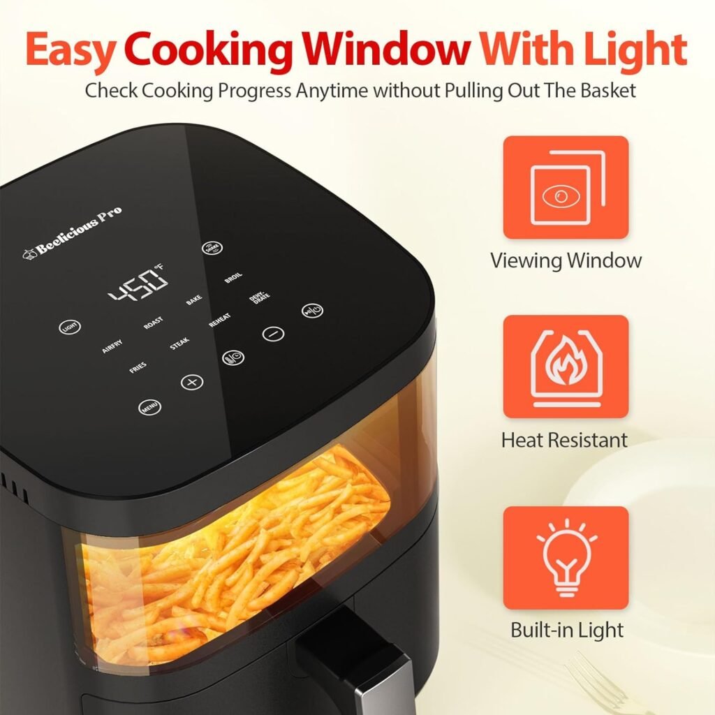 Air Fryer,Beelicious® 8-in-1 Smart Compact 4QT Air Fryers,with Viewing Window,Shake Reminder,450°F Digital Airfryer with Flavor-Lock Tech,Dishwasher-Safe  Nonstick,Fit for 1-3 People,Black