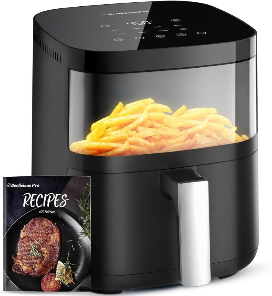 Air Fryer,Beelicious® 8-in-1 Smart Compact 4QT Air Fryers,with Viewing Window,Shake Reminder,450°F Digital Airfryer with Flavor-Lock Tech,Dishwasher-Safe  Nonstick,Fit for 1-3 People,Black