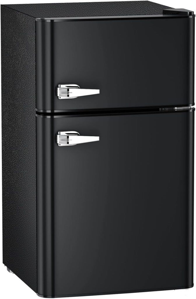 Antarctic Star Compact Mini Refrigerator Separate Freezer, Small Fridge Double 2-Door Adjustable Removable Retro Stainless Steel Shelves Garage Camper Basement/Dorm/Office 3.2 cu ft.Black