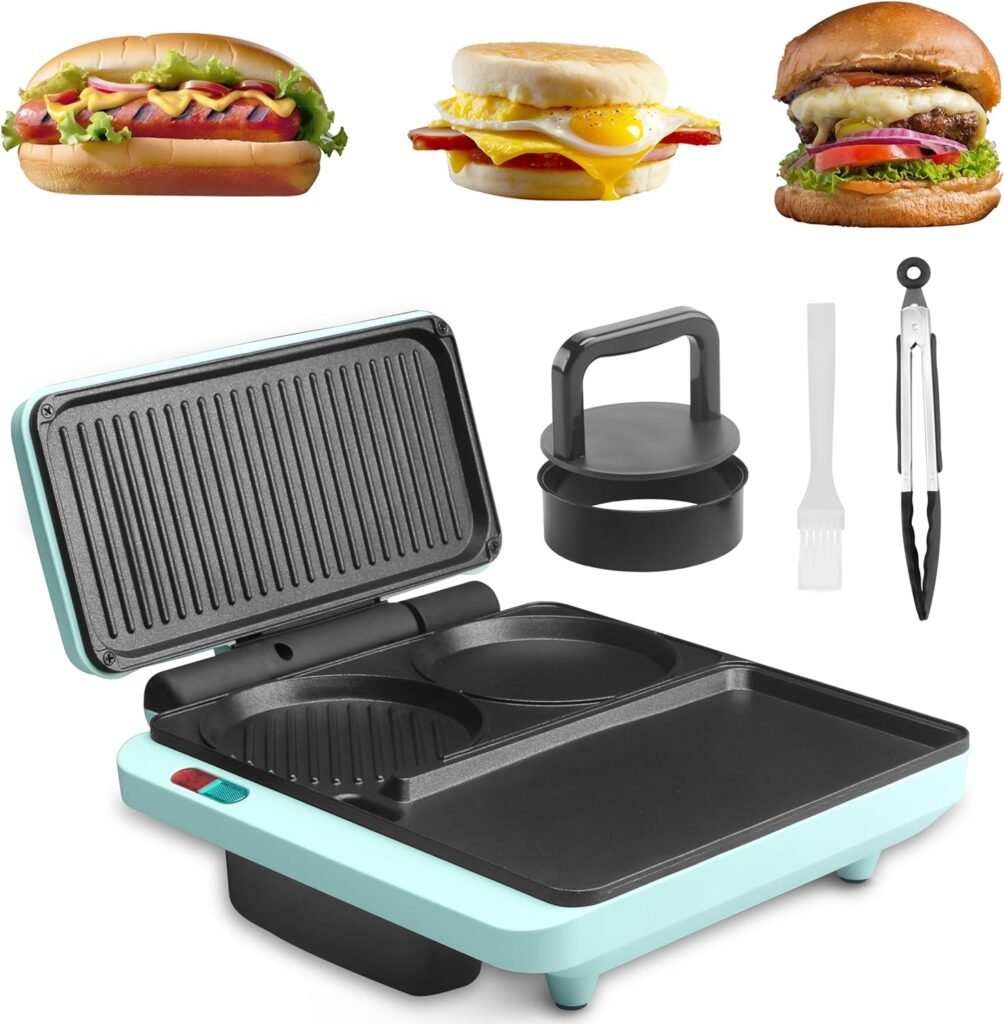 Bakers Friend Breakfast Sandwich Maker, Nonstick Electric Griddle  Grill Combo, 3 in 1 Breakfast Station, Make Egg Muffin Sandwiches Burgers Hot dogs  Pancakes, Includes Burger Press, Tong  Brush