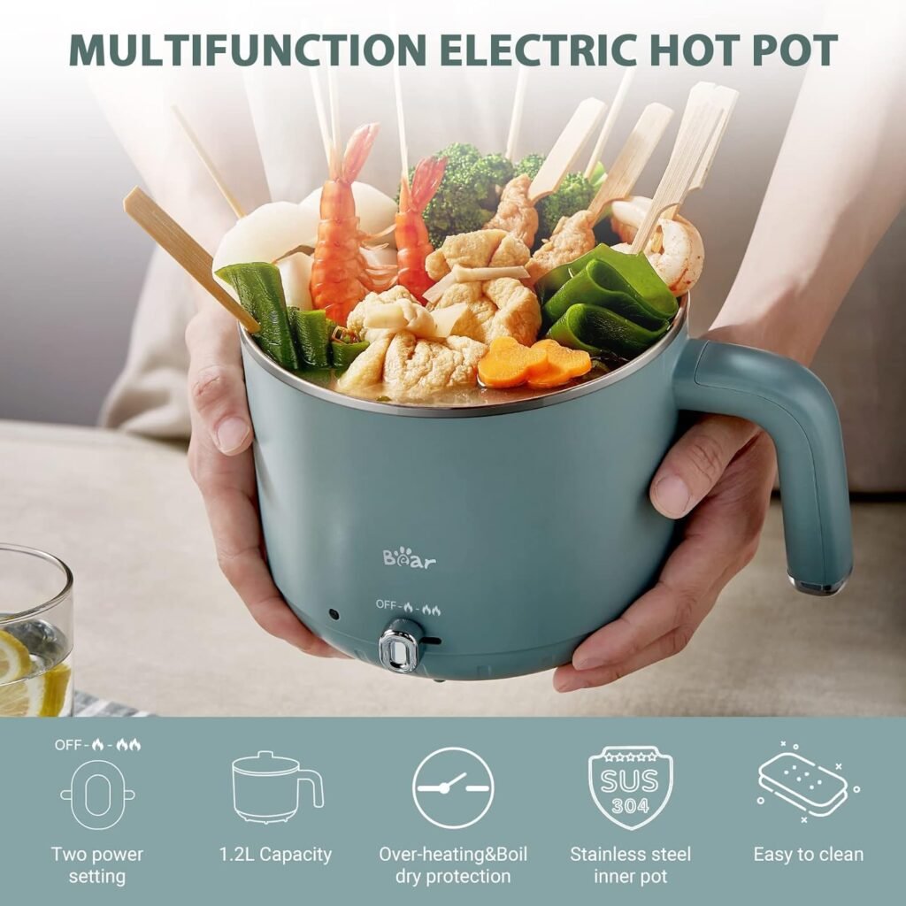 Bear Electric Pot for Cooking, 1.2L Portable Hot Pot Electric Cooker, Stainless Steel Ramen Cooker, Multifunctional Electric Cooker for Dormitory, Boil Dry Protection