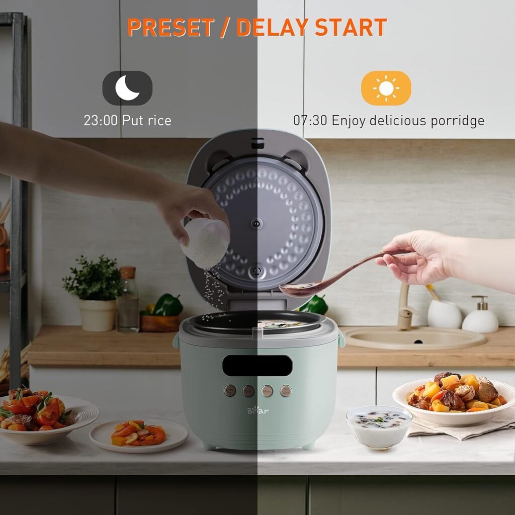 Bear Rice Cooker 4 Cups (UnCooked), Rice Cooker Small, 6 Cooking Functions, Advanced Fuzzy Logic Micom Technology, 24 Hours Preset Keep Warm, for White/Brown Rice Quinoa Oatmeal Soup Cake, 2L Green