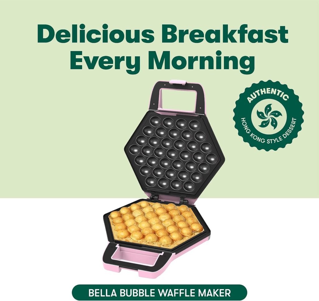 BELLA 17175 Bubble Maker w, Rapid Quickly Make Fluffy 9” Authentic Hong Kong Breakfast or Dessert, Healthy-Eco Non Stick Coating, Easy to Clean Waffle Iron, 120 Volts, Cone Rack Included, White