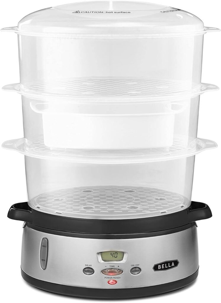 BELLA 9.5 QT Triple Tier Digital Food Steamer, Healthy Fast Simultaneous Cooking, Stackable Baskets for Vegetables or Meats, Rice/Grains Tray, Auto Shutoff  Boil Dry Protection, Stainless Steel