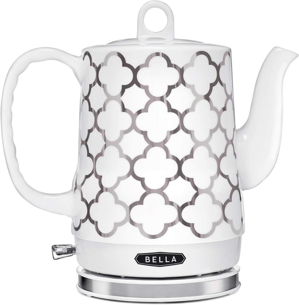 BELLA Electric Kettle  Tea Pot - Ceramic Water Heater with Detachable Swivel Base, Auto Shut Off  Boil Dry Protection, 1.2 Liter, Silver Tile Pattern