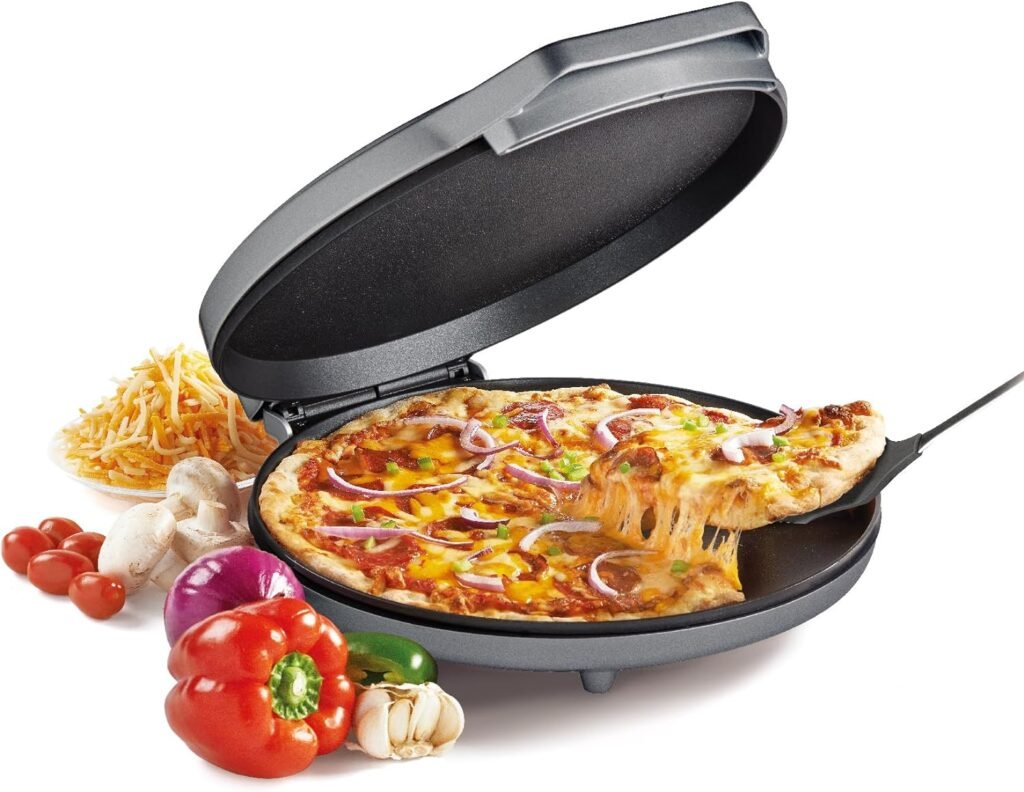 Betty Crocker Pizza Maker Plus, 12 Indoor Electric Grill, Nonstick Griddle Pan for Pizzas, Quesadillas, Tortillas, Nachos and more, 12 Electric Griddle for Delicious Meals and Snacks, Silver