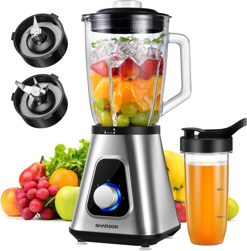 Blender for Shake and Smoothies 2.0, SHARDOR Powerful 1200W Countertop Blender for Kitchen, 52oz Glass Jar, 3 Adjustable Speed Control for Frozen Fruit Drinks, Smoothies, Sauces  More, Sliver