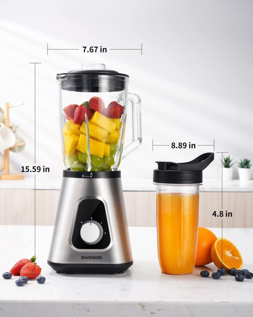 Blender for Shake and Smoothies 2.0, SHARDOR Powerful 1200W Countertop Blender for Kitchen, 52oz Glass Jar, 3 Adjustable Speed Control for Frozen Fruit Drinks, Smoothies, Sauces  More, Sliver