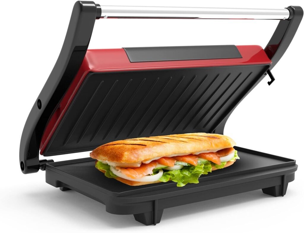 Chef Buddy Gourmet (Red) Panini Press – Sandwich Maker with Nonstick Plates – Indoor Countertop Cooking Burgers, Steak, Grilled Cheese, 9.5 x 10.5 x 3