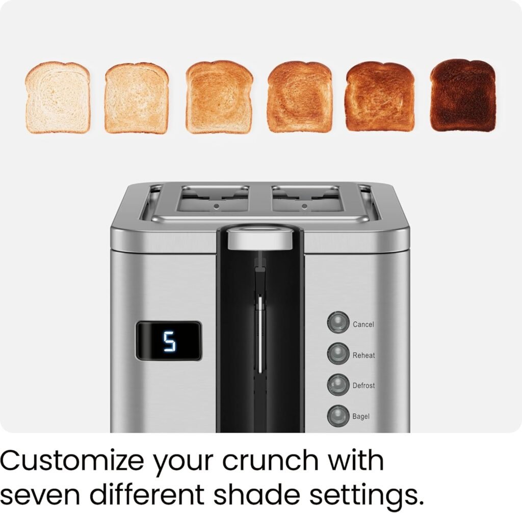 Chefman Smart Touch 2 Slice Digital Toaster, 6 Shade Settings, Stainless Steel Toaster 2 Slice with Extra-Wide Slots, Thick Bread Toaster and Bagel Toaster, +10, Defrost, Removable Crumb Tray