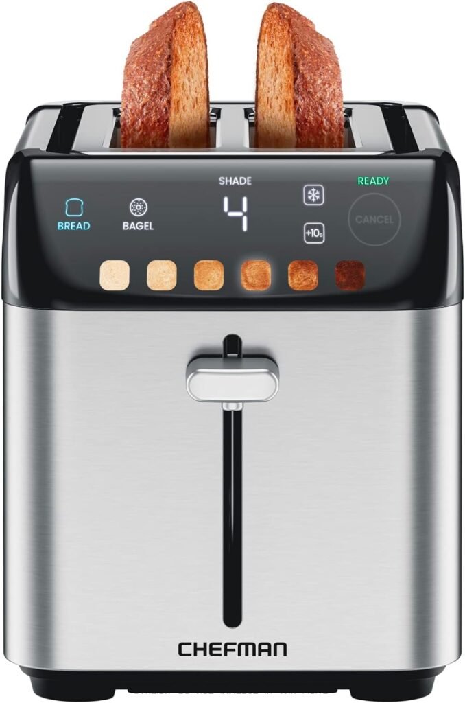 Chefman Smart Touch 2 Slice Digital Toaster, 6 Shade Settings, Stainless Steel Toaster 2 Slice with Extra-Wide Slots, Thick Bread Toaster and Bagel Toaster, +10, Defrost, Removable Crumb Tray